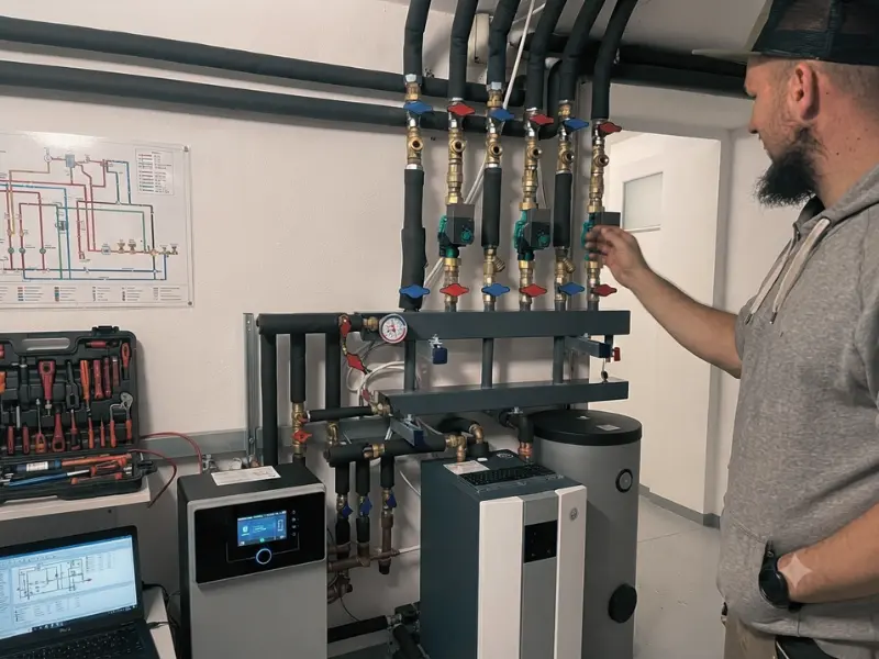 Tehnician Miamat reglând distribuitorul unei centrale termice montate într-o centrală de apartament