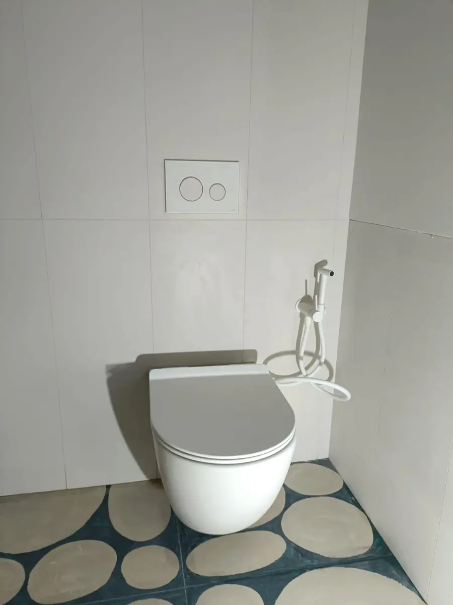 Vas de WC suspendat cu rezervor încastrat, clapetă de acționare și baterie igienică montată