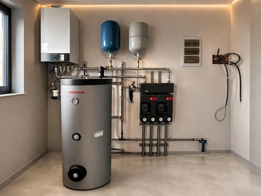 Centrală murală și boiler de apă caldă racordate, cu vase de expansiune și tablou de automatizare